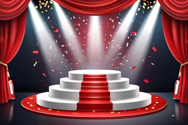 Photo white winners podium with red carpet and confetti stage for awards ceremony pedestal with spotlights