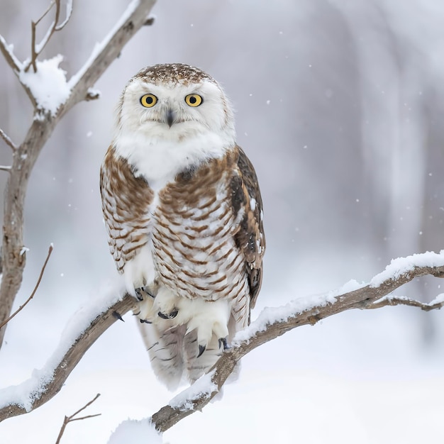 写真 白い冬のオオカミが冬の雪の風景で木の枝に座っている美しい野生動物