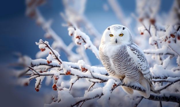 Белая зимняя сова, сидящая на ветке дерева в зимнем снежном пейзаже, красивая дикая природа зимой