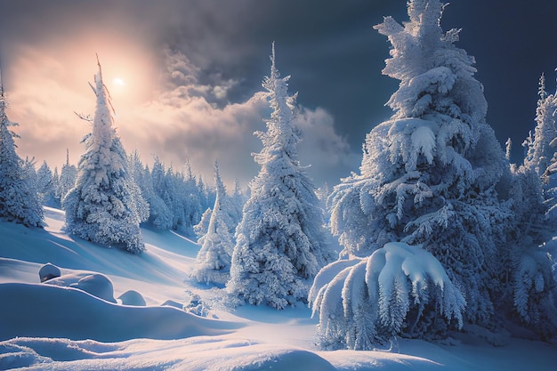 White winter spruces in the snow on a frosty day Perfect wintry wallpapers magical nature