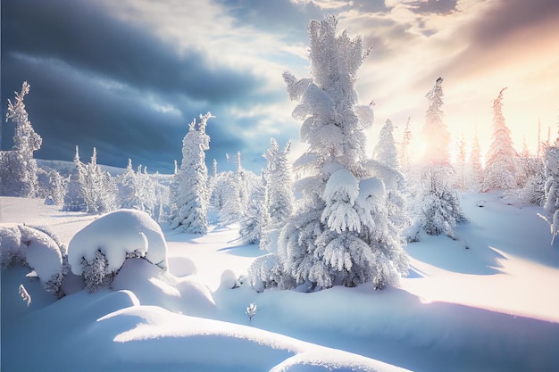 凍るような日に雪の中で白い冬のトウヒ 完璧な冬の壁紙の魔法の自然