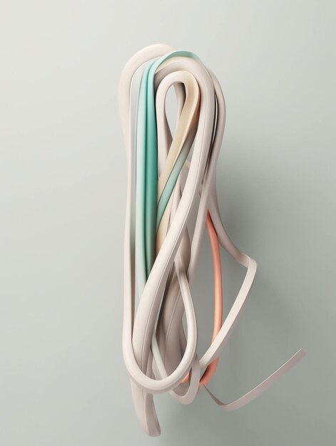 A white wire with green and pink stripes hangs on a wall.