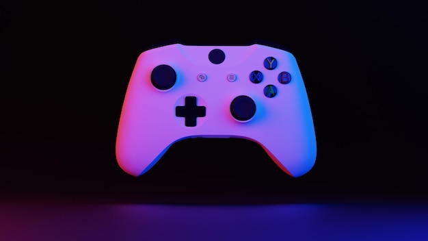 white wireless gamepad for gaming, new technology game console illuminated in red and blue. 3d