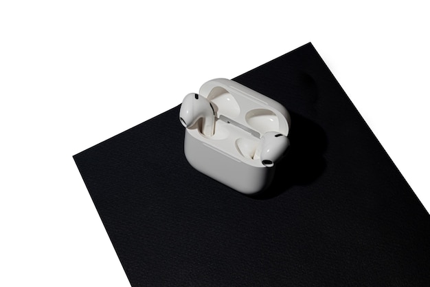 Photo white wireless headphones in a box isolate accessory for listening to music