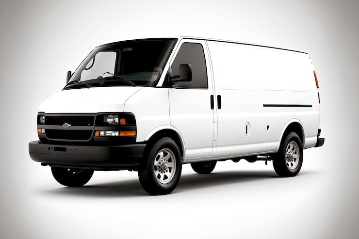 Photo white with black cargo van isolated wheels on white background