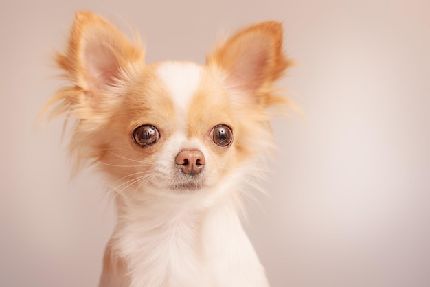 White with red spots dog breed Chihuahua on a gray background Portrait of a dog