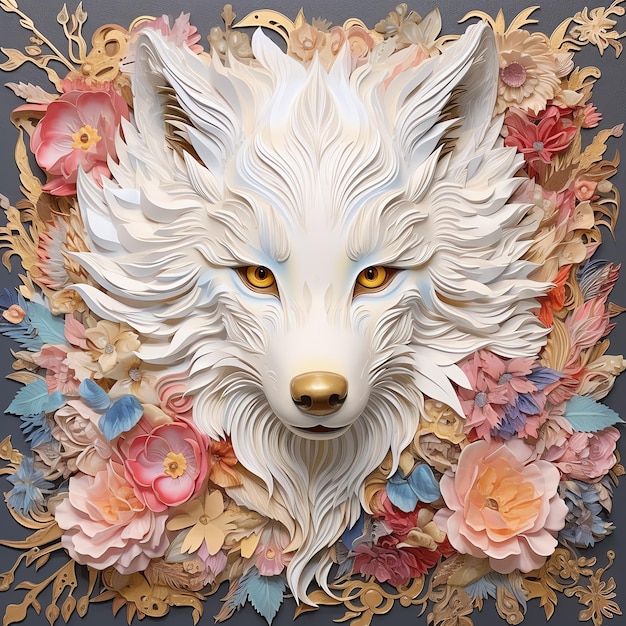 A white wolf head surrounded by flowers