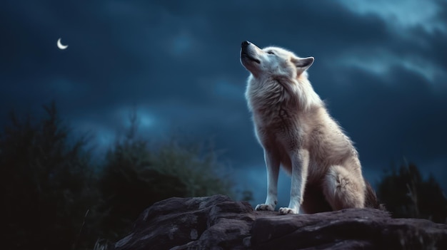 Белый волк выет на скале ночью на лесистом фоне