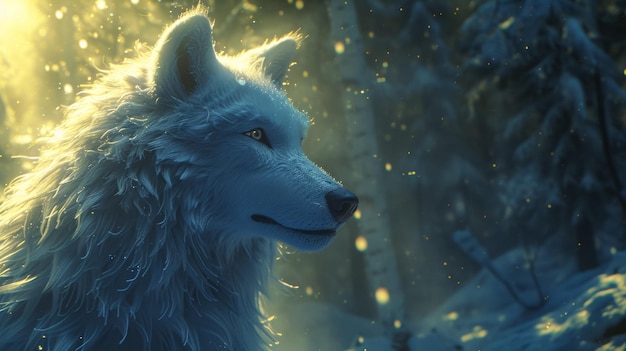 A white wolf is standing in the snow with its head tilted to the side