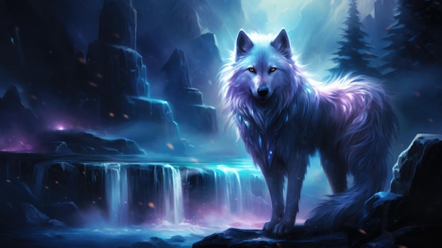 A white wolf standing in front of a waterfall