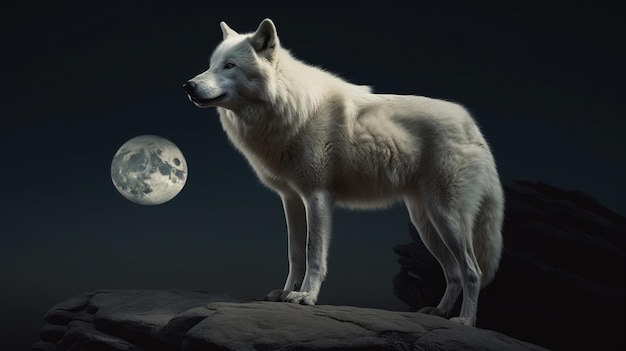 濃い青空の背景に岩の上に立つ白いオオカミ生成ai