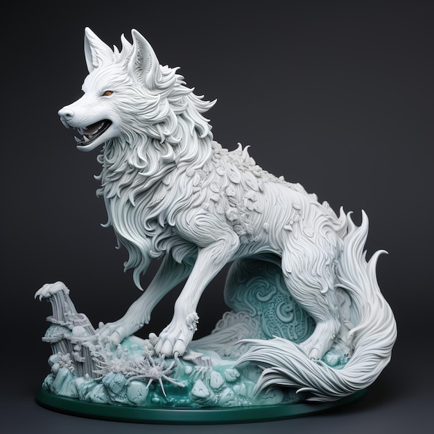 A white wolf statue with dark background