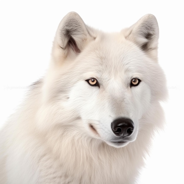 Foto un lupo bianco con il naso nero e gli occhi gialli.