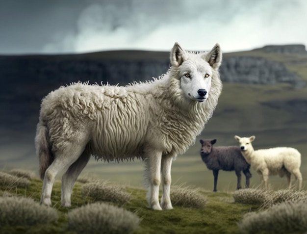 A white wolf with a black sheep in the background