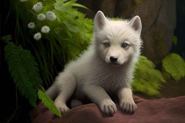 A white wolf with blue eyes sits on a rock in a forest.