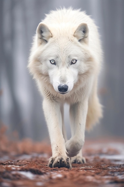 White wolf with blue eyes walking on the ground