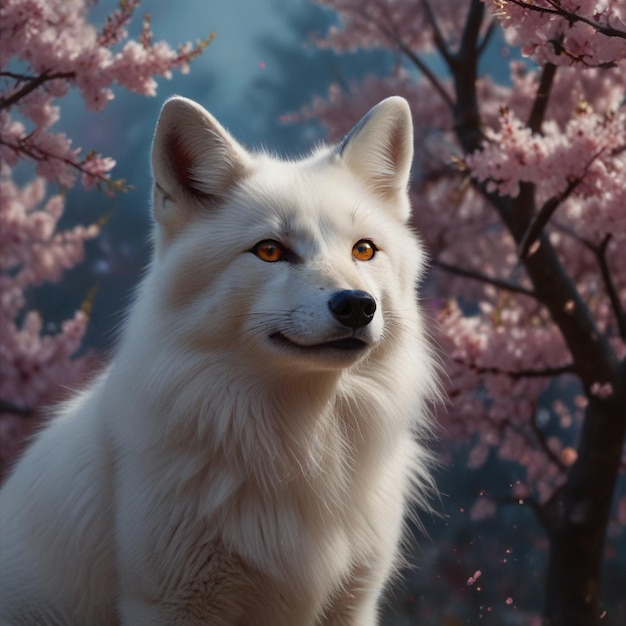 Photo white wolf with cherry blossoms background