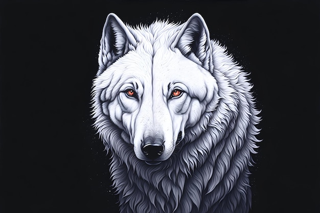 A white wolf with red eyes is on a black background