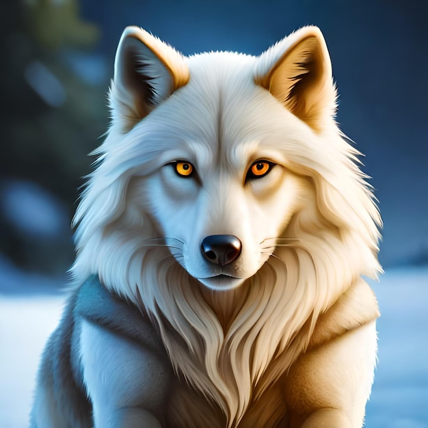 A white wolf with yellow eyes sits in the snow.