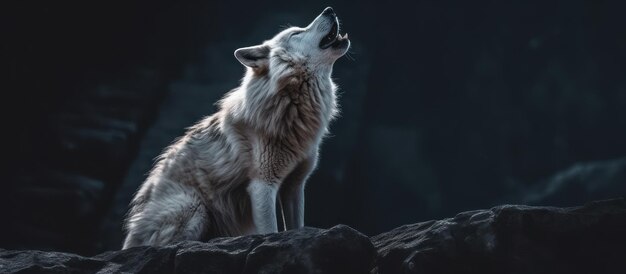 white wolves howl on a rock at night in forest background