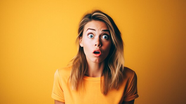 Photo white woman doing a shocked look on tan background