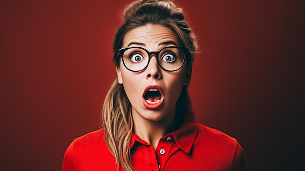 Photo white woman doing a shocked look on tan background