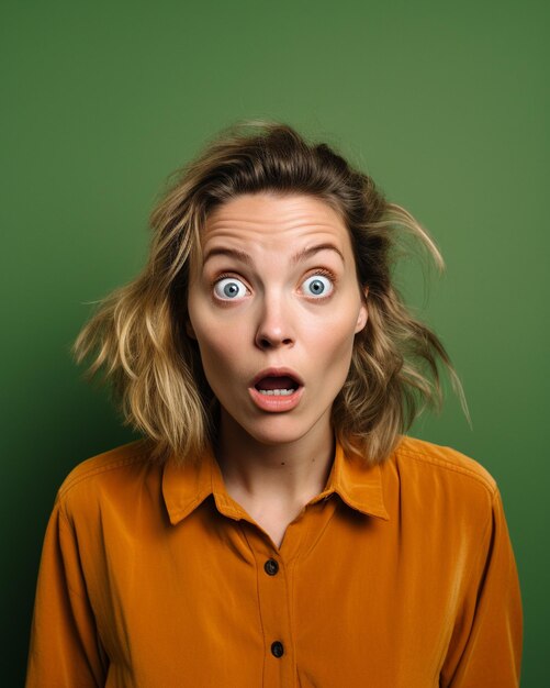 Photo a white woman doing a shocked look on tan background