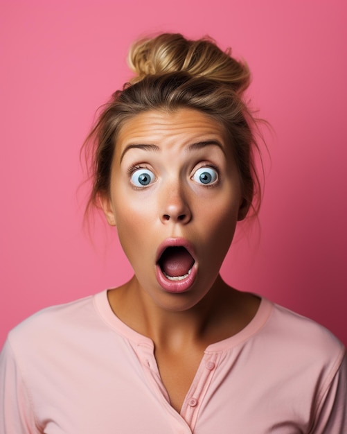 Photo a white woman doing a shocked look on tan background