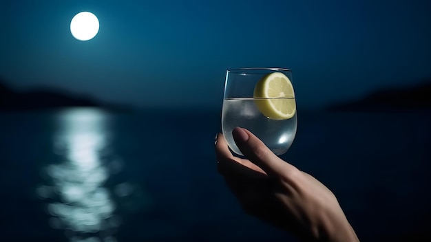 White woman hand holding glass of cocktail on blurry sea horizon background at full moon night neural network generated image