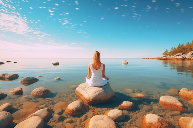 A white woman is meditating on the beach Generative ai