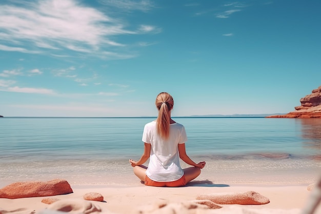 A white woman is meditating on the beach Generative ai