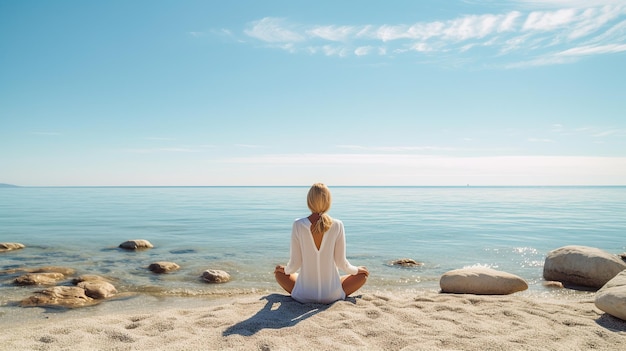 A white woman is meditating on the beach with water in front of her Generative AI