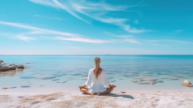 A white woman is meditating on the beach with water in front of her Generative AI