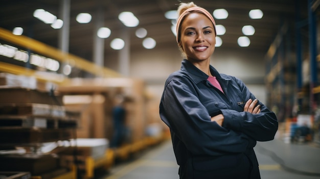 Foto lavoratrice bianca in fabbrica con le braccia incrociate