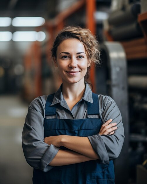 Foto lavoratrice bianca in fabbrica con le braccia incrociate