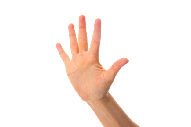 White woman's hand showing five fingers on white background in studio