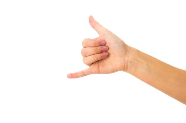 White woman's hand showing thumb and little finger on white background in studio