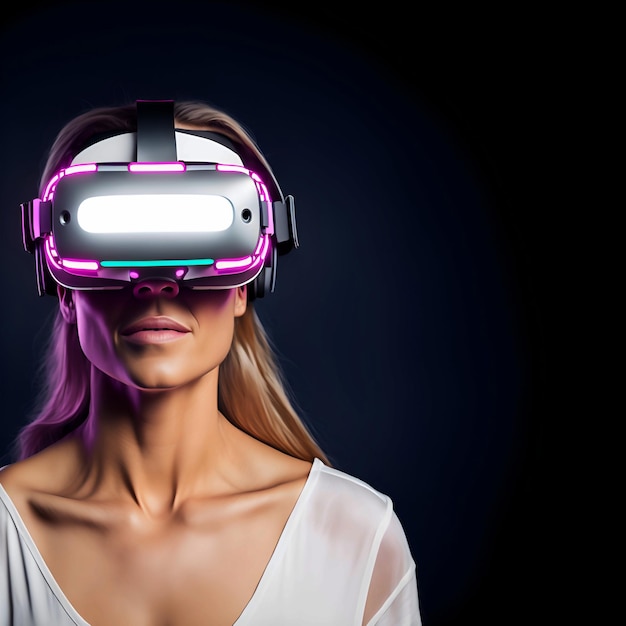 white woman Wearing a VR Headset with Neon Lighting with Copy Space