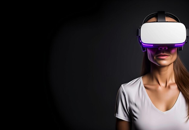 white woman wearing a vr headset with neon lighting with copy space