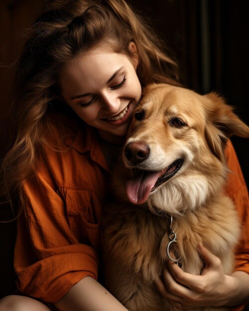 Foto una donna bianca con il suo cane che accarezza il suo cane sullo sfondo marrone