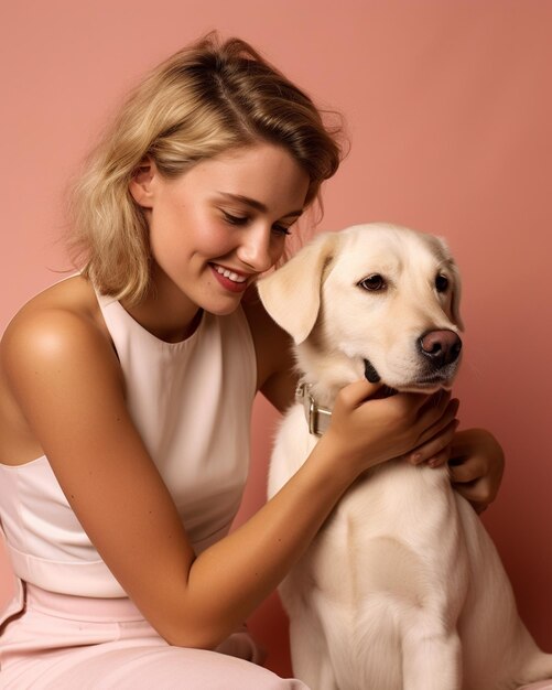 Foto una donna bianca con il suo cane che accarezza il suo cane sullo sfondo marrone