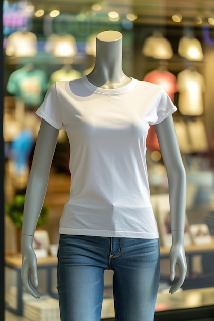 Foto t-shirt bianca da donna stampata su richiesta modello su manichino in una vetrina