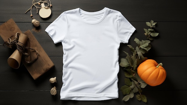 White women's tshirt Halloween mockup with a mysterious dark background autumn leaves AIgenerated