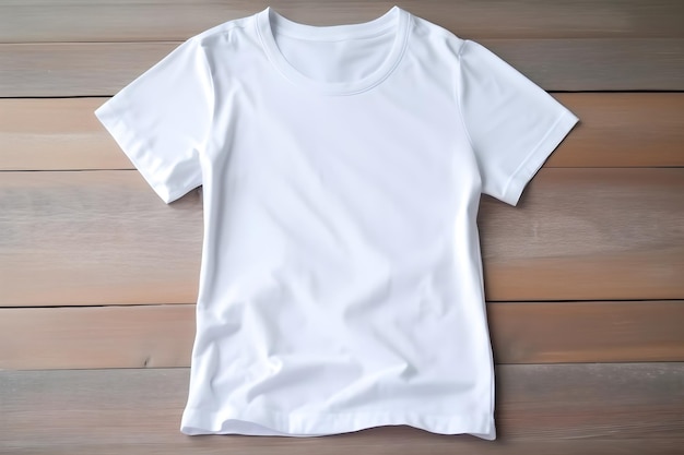 White women tshirt mockup on dark wooden background Design t shirt template print presentation mock up Top view flat lay AI generated