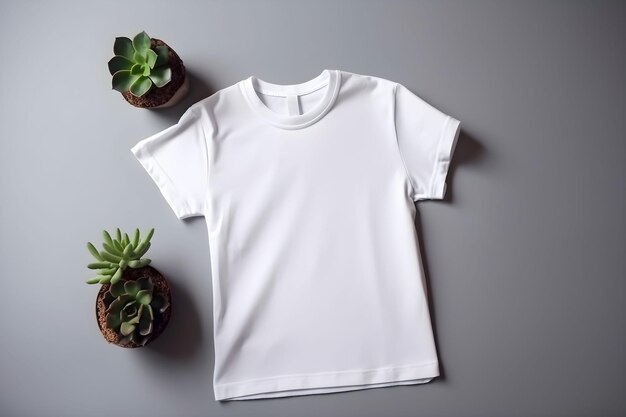 White women tshirt mockup with succulent flowers on dark background Design t shirt template print presentation mock up Top view flat lay AI generated