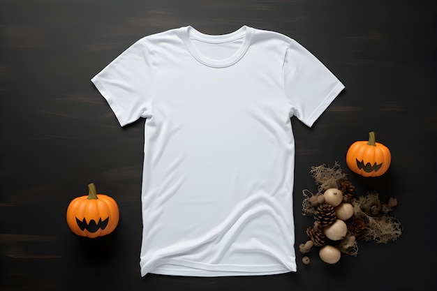 White womens tshirt halloween mockup with pumpkins and leaves on dark background t shirt template