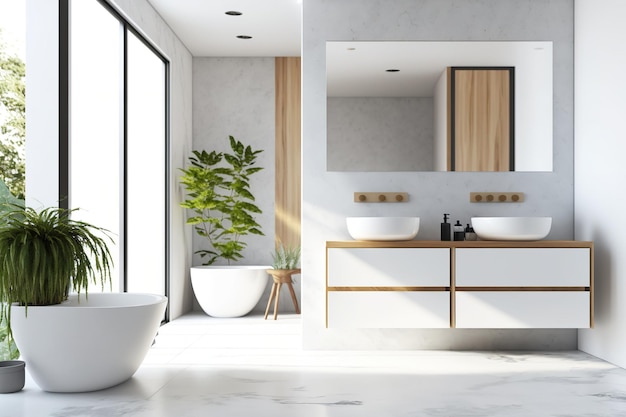 Белый и деревянный уголок ванной комнаты с бетонным полом, белая ванна, два туалета и двойная раковина, модель