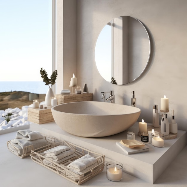 White wood bathtub with water standing on a floor in a panoramic window bathroom Generative Ai