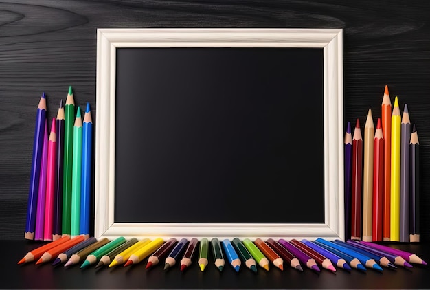 a white wood frame with colored pencils