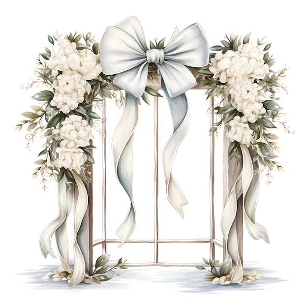 White Wood Gate With Ribbon Embellishments Swee Watercolor Gate Beauty Art on White Background
